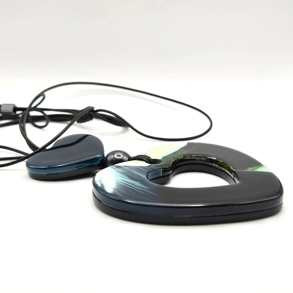 Large Resin Double Heart Pendant Necklace Black Blue Green‎ Adjustable Cord